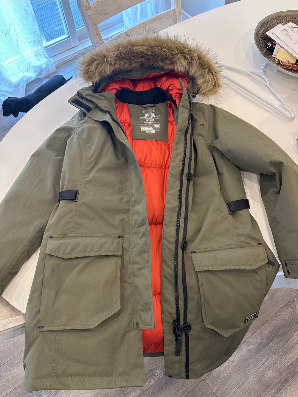 L.L. Bean Olive Green Puffer Coat with Orange Lining and Faux-Fur Hood